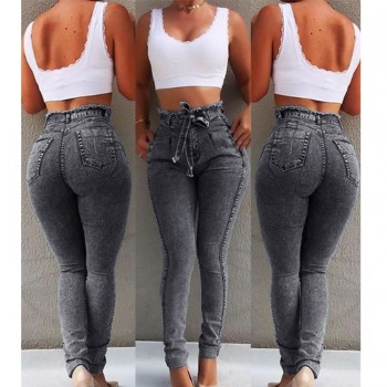 High Waist Jeans Women Streetwear Bandage Denim Plus Size Pencil Pants Skinny Jeans Woman Blue Gray